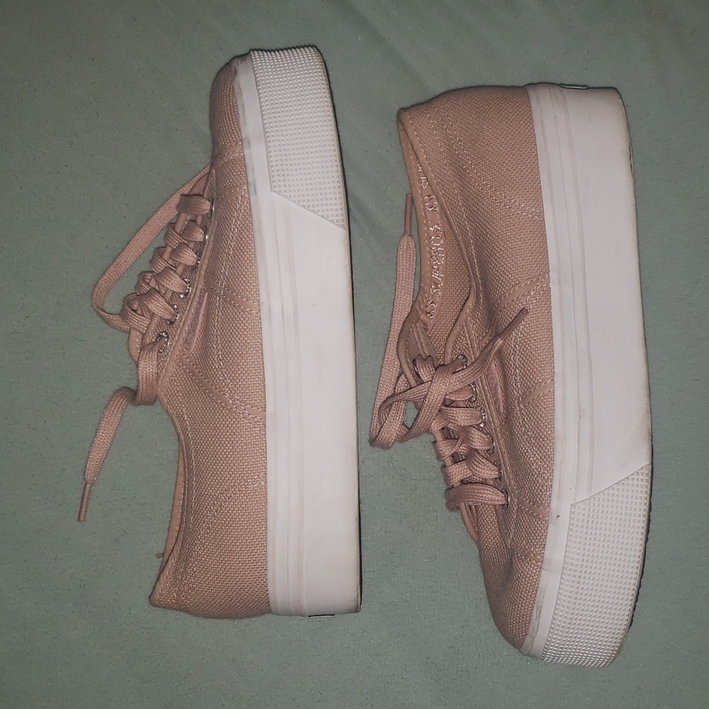 Pale pink lace up platform sneakers